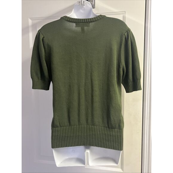 ModCloth Olive Green Knit Puff Short Sleeve Sweater Light Purple Ribbon- Medium - Picture 8 of 13